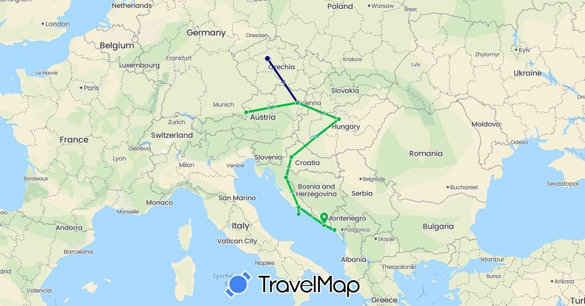 TravelMap itinerary: driving, bus in Austria, Czech Republic, Croatia, Hungary, Montenegro (Europe)